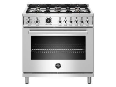 36" Bertazzoni Dual Fuel Range 6 Brass Burner Electric Self-Clean Oven - PROF366DFSXT