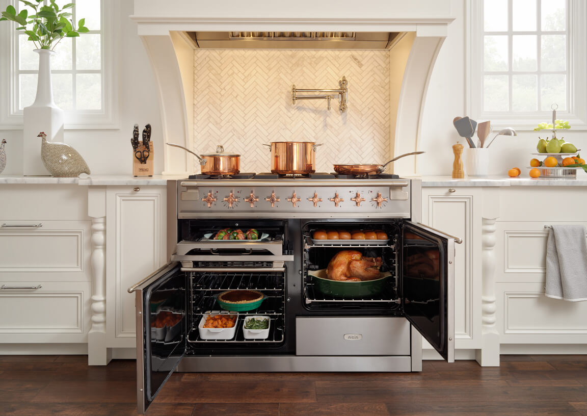 AGA AEL481DFABWHT 48 Elise Series Dual Fuel Range with Brass Acce