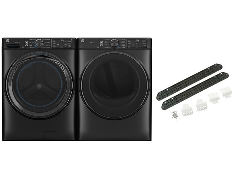 28" GE 5.8 Cu. Ft. Smart Front Load Steam Washer and 7.8 Cu. Ft. Electric Dryer and Stack Bracket Kit - GFA28KITN-GFW655SPVDS-GFD65ESMVDS